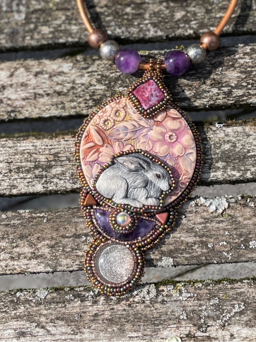 Handmade Rabbit Pendant Necklace in Purple and Pink